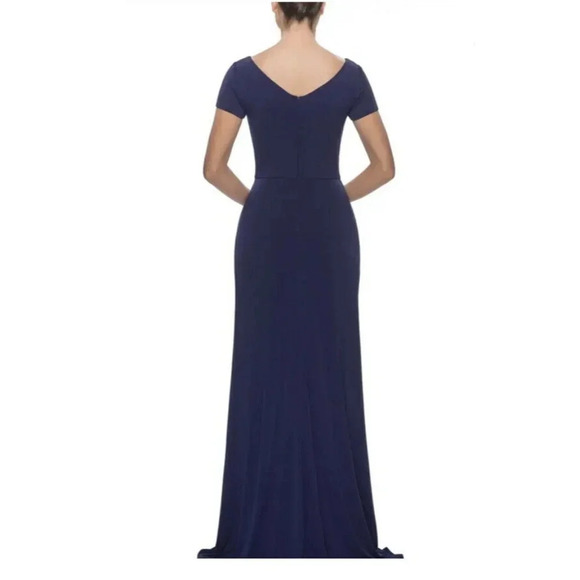 La Femme V-Neck Cap Sleeve Jersey Gown Ruching Navy Blue Formal Women’s 6 - Picture 2 of 7